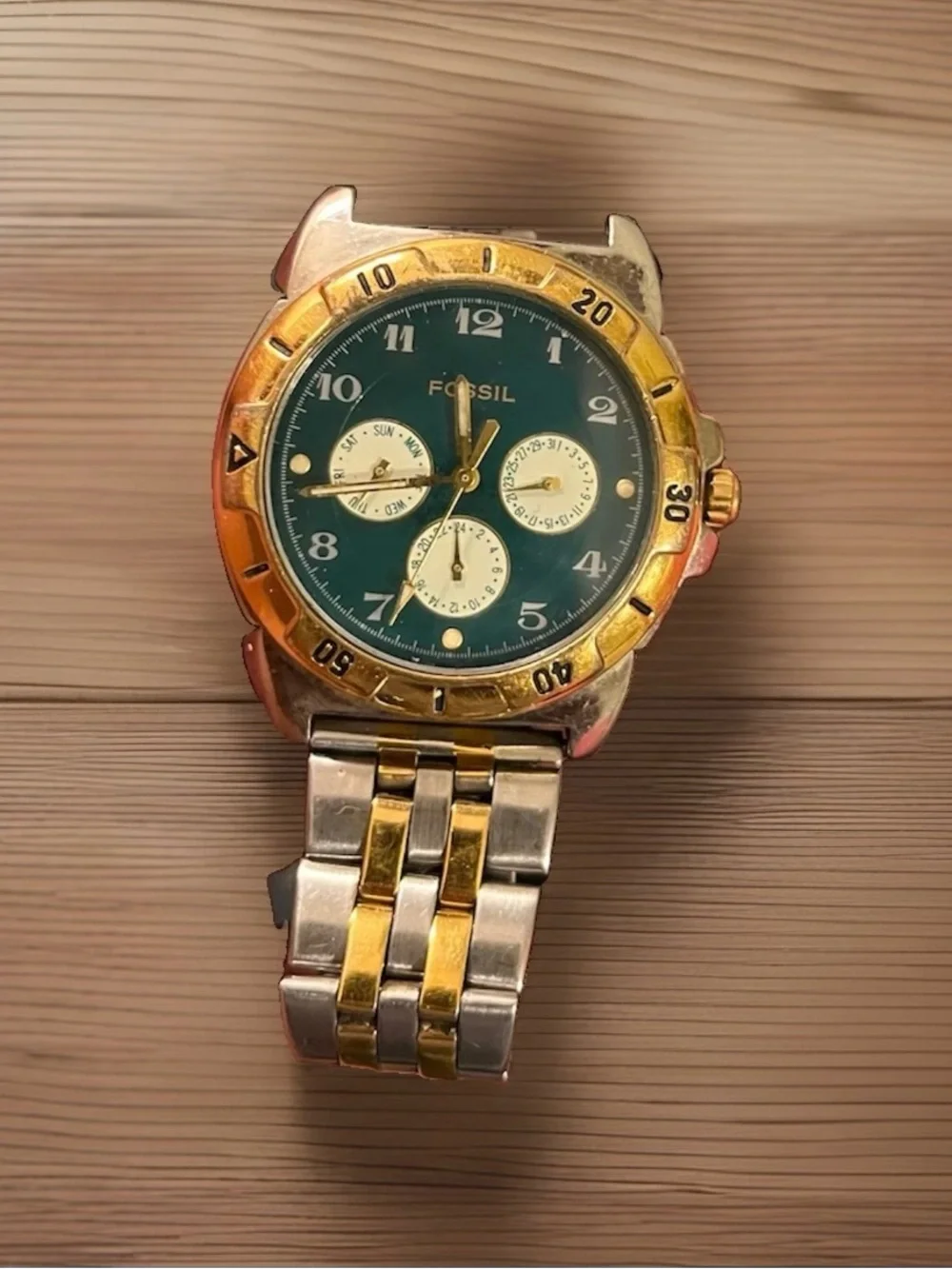 Vintage Fossil Two-Tone Green Dial Chronograph Watch